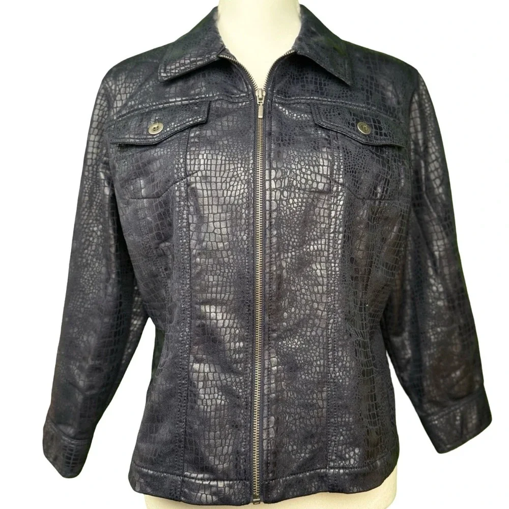 Metallic Navy Blue Crocodile Embossed Zip Jacket Womens 14‎ Ruby Rd